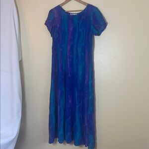 100% Silk Blue Purple Watercolor Maxi Dress M Artsy Resort Coastal Elegant